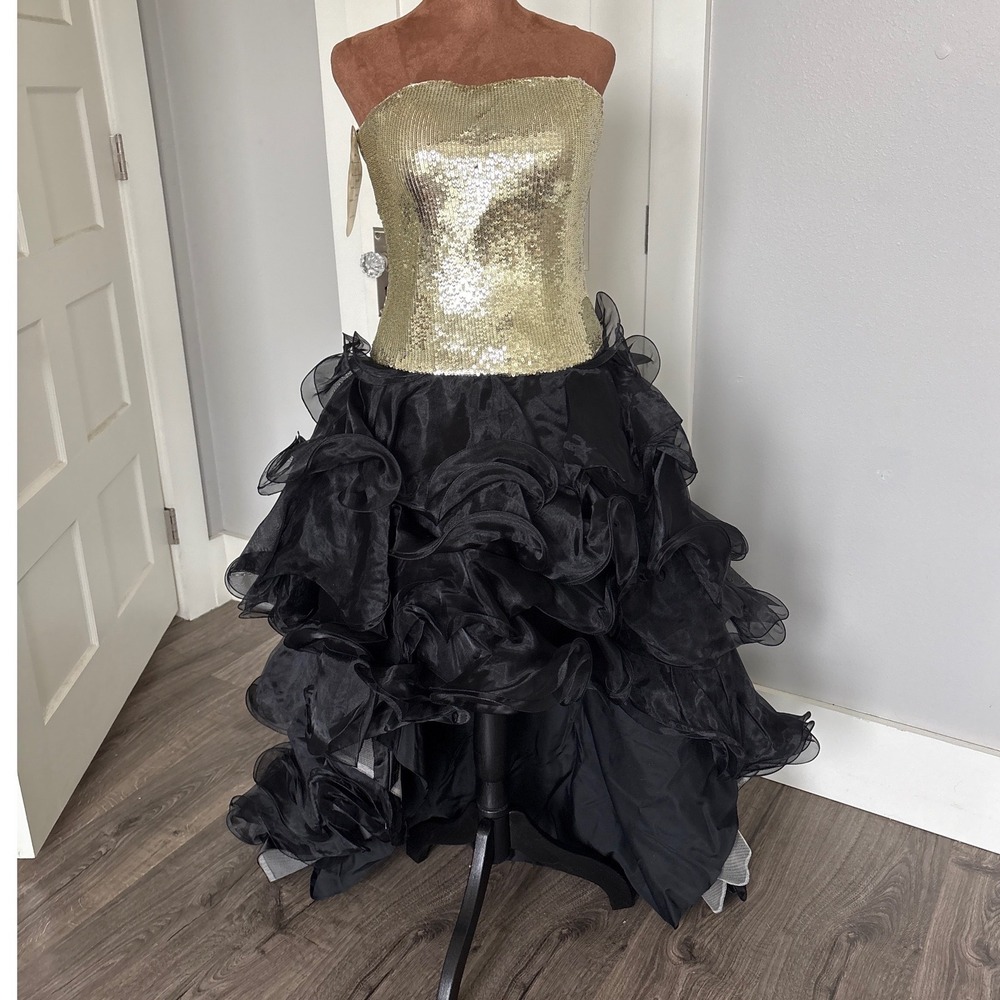 Vintage y2k PANOPLY Gold Sequin Strapless Black Ruffle High Low Gown Size 6 NWT - Picture 2 of 12
